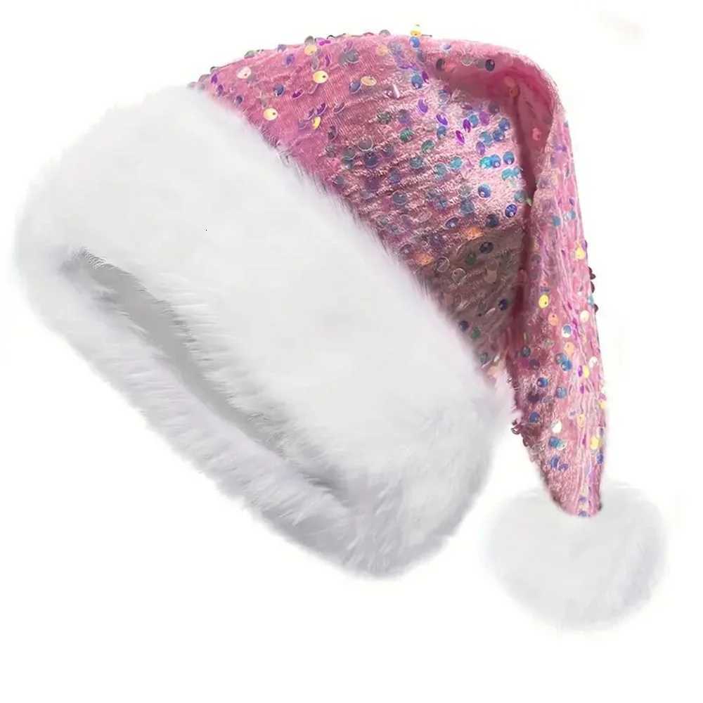 Sequin Christmas Hat Plush Solid Color Sparkle Santa Claus Hat with Long Fluffy Pompom For Adult Kids Christmas Party Decoration Y251115