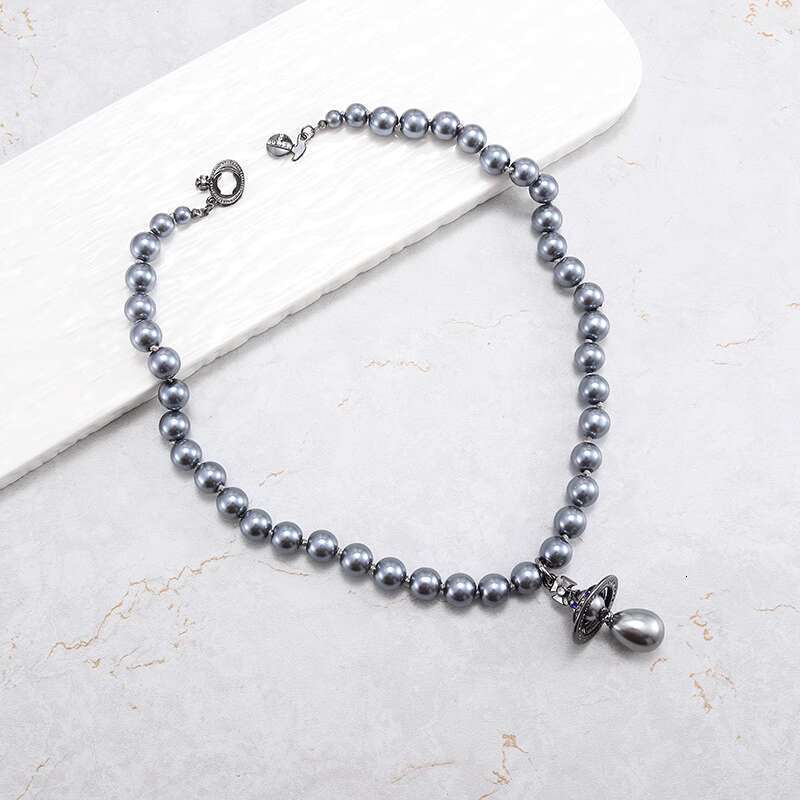 Empress Dowager Xi's Single Layer Gray Pearl Necklace With Three Dimensional Saturn UFO Water Droplet Pendant, Light And Clavicle Chain For Women