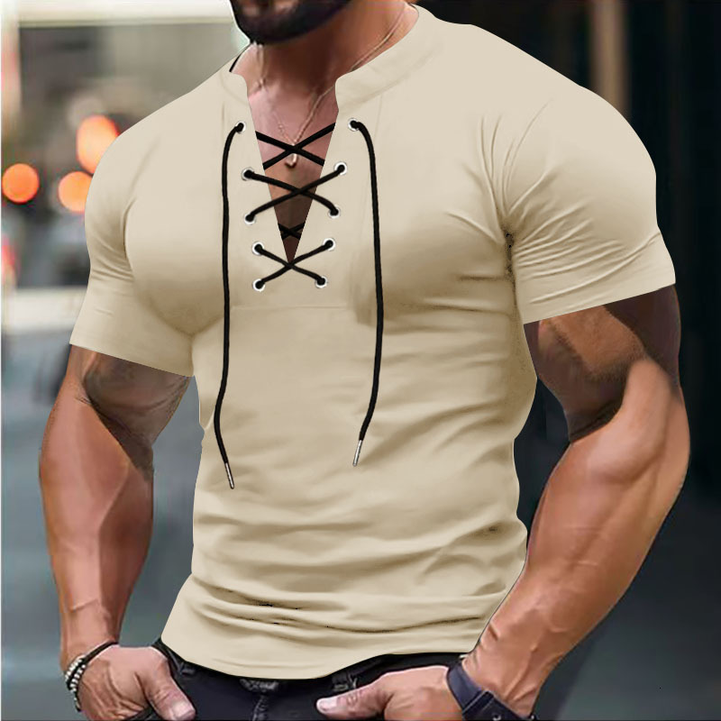 Large size summer men's T-shirt V-neck tie casual sports short sleeved men