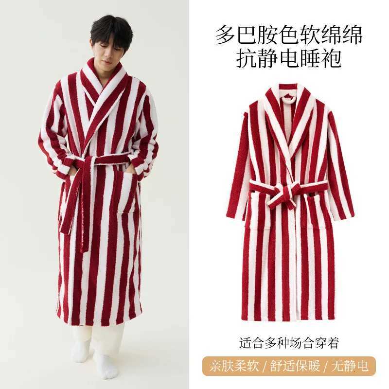 2025 New Autumn/Winter Womens Sleepwear Thick Velvet Warm Robe Couple Coral Velvet Striped Lengthed Home Clothes Bathrobe C251115