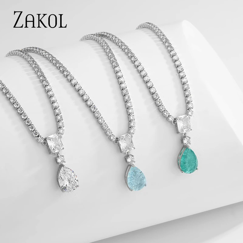 ZAKOL White Gold Color Tennis Choker Necklace Earrings Sets for Women Shinny Green Water Drop Zircon Wedding Jewelry 250414