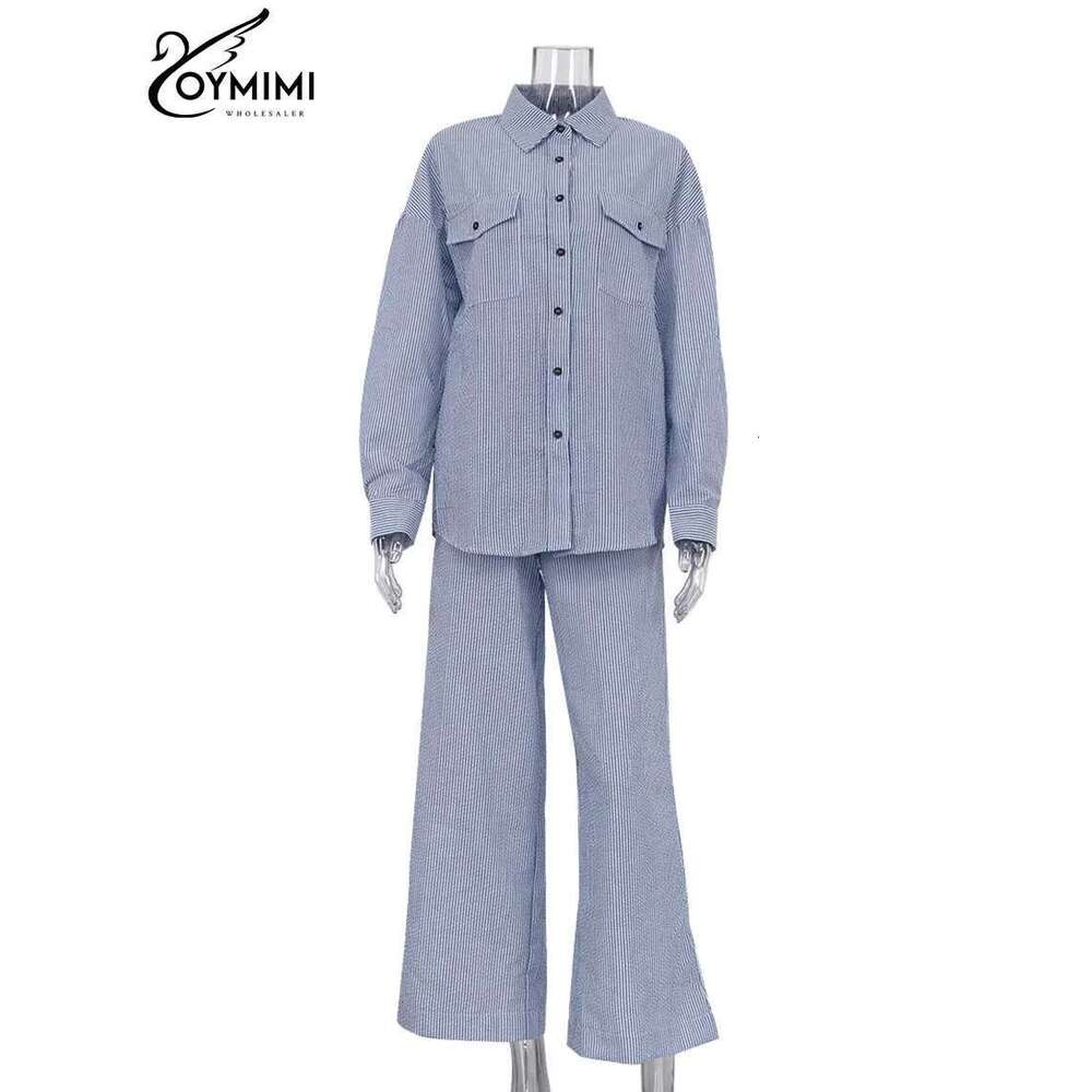 Oymimi Casual Dark Blue Print Women's Two Pieces Elegant Long Sleeve Button Shirt And Low Waist Straight Trousers Female Set