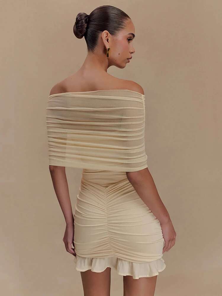 Mozision Mesh Strapless Off-shoulder Sexy Ruffled Mini For Women Fashion Backless High Waist Female Ruched Party Dress