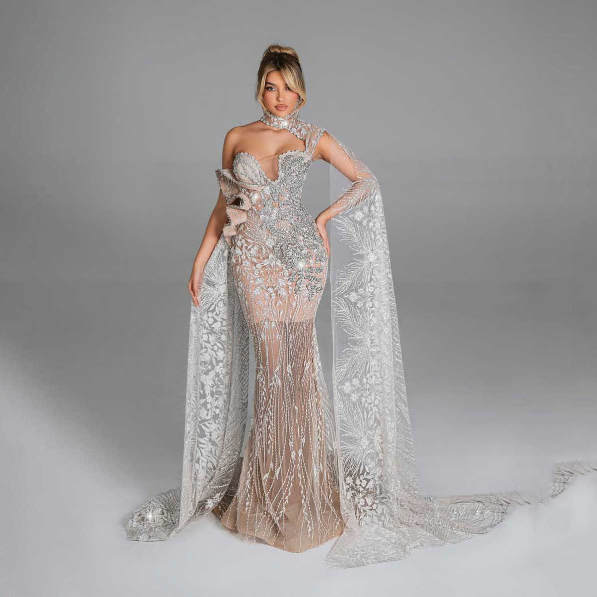 Mermaid Prom Gown Shine Crystal Evening Dress O-Neck Party Dresses Cape Sleeve Bridal Gowns Robes De Mariee Size Customized L241638