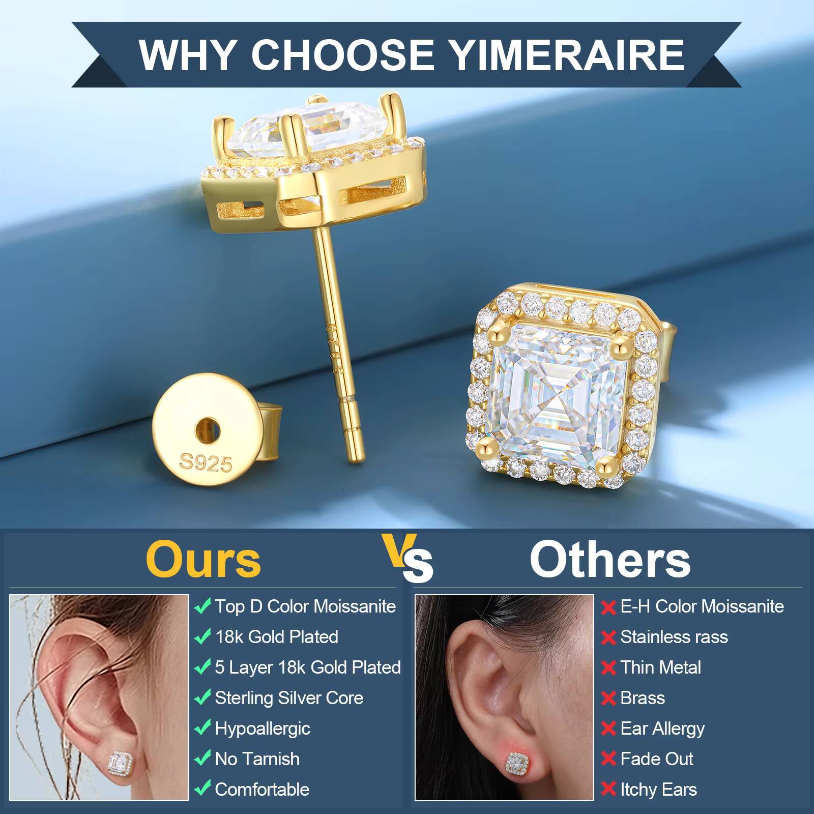 Luxury Women Wedding Gift Jewelry 925 Sterling Silver VVS Asscher Cut Moissanite Diamond Cluster Square Stud Earrings