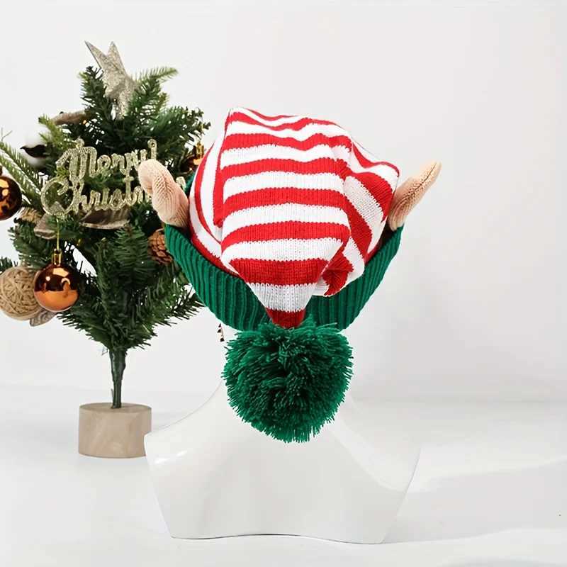 Christmas Striped Knitted Elf Hat with Ear Red Green/Red White Pom Beanie Festive Party Headwear for Women Men Christmas Y251115