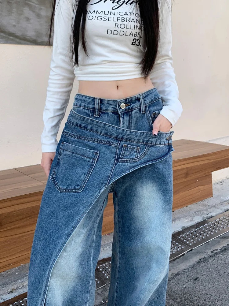 Garbage Y2K 2000S washed blue pocket stacked jeans 90s retro ner clothing wide leg womens Trouser Ropa De Mujer 250414