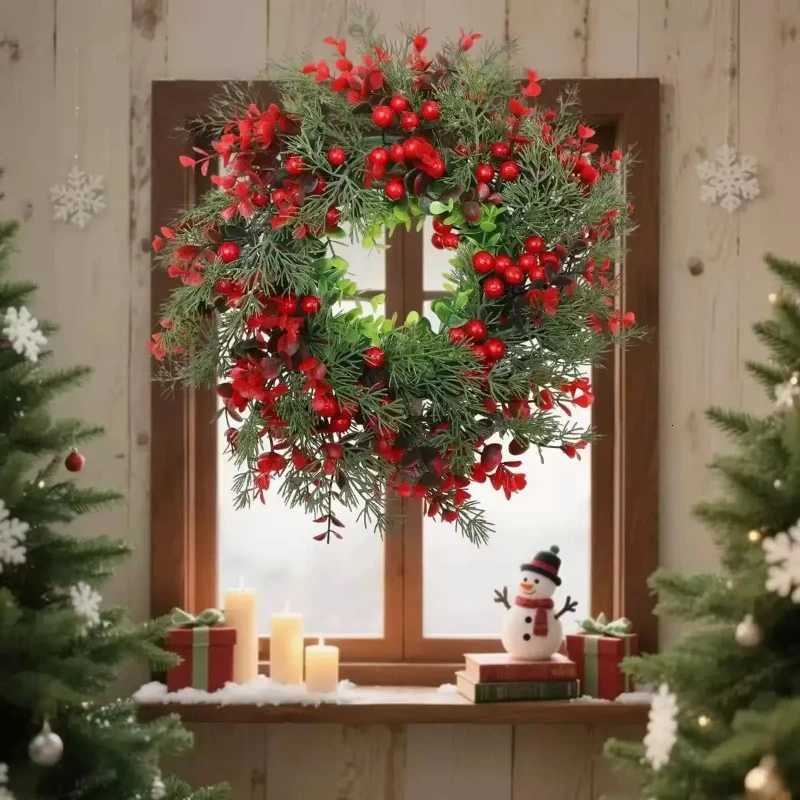 Artificial Red Berry Wreath 35cm Christmas Decor Hanging Garland for Winter Festival Xmas Outdoor Wall Decoration Fake WreathM251115
