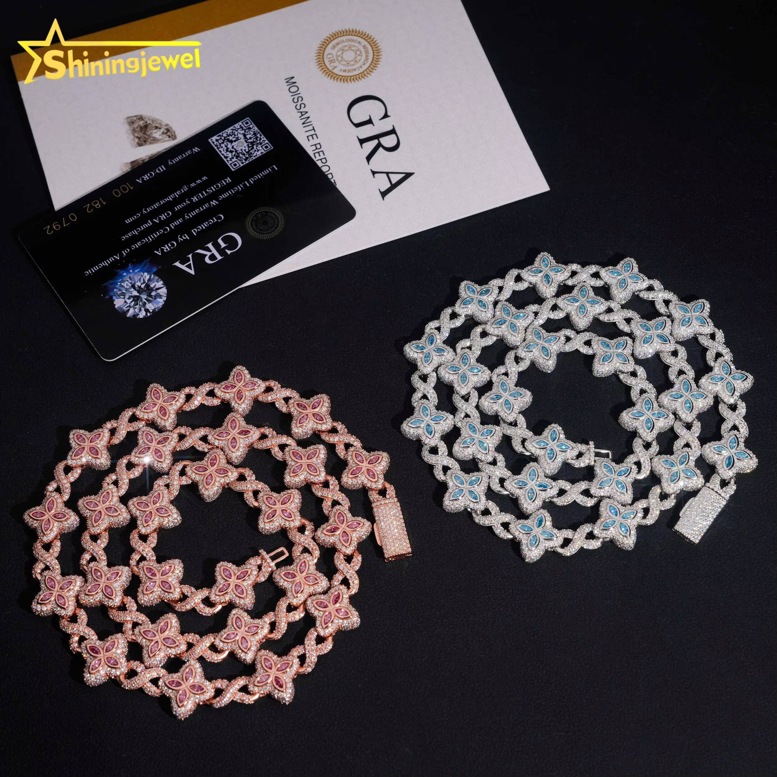 15mm Iced Out Hip Hop Jewelry Bracelet 925 Solid Silver Marquise Diamond VVS D Moissanite Cuban Link Chain Clover Necklace