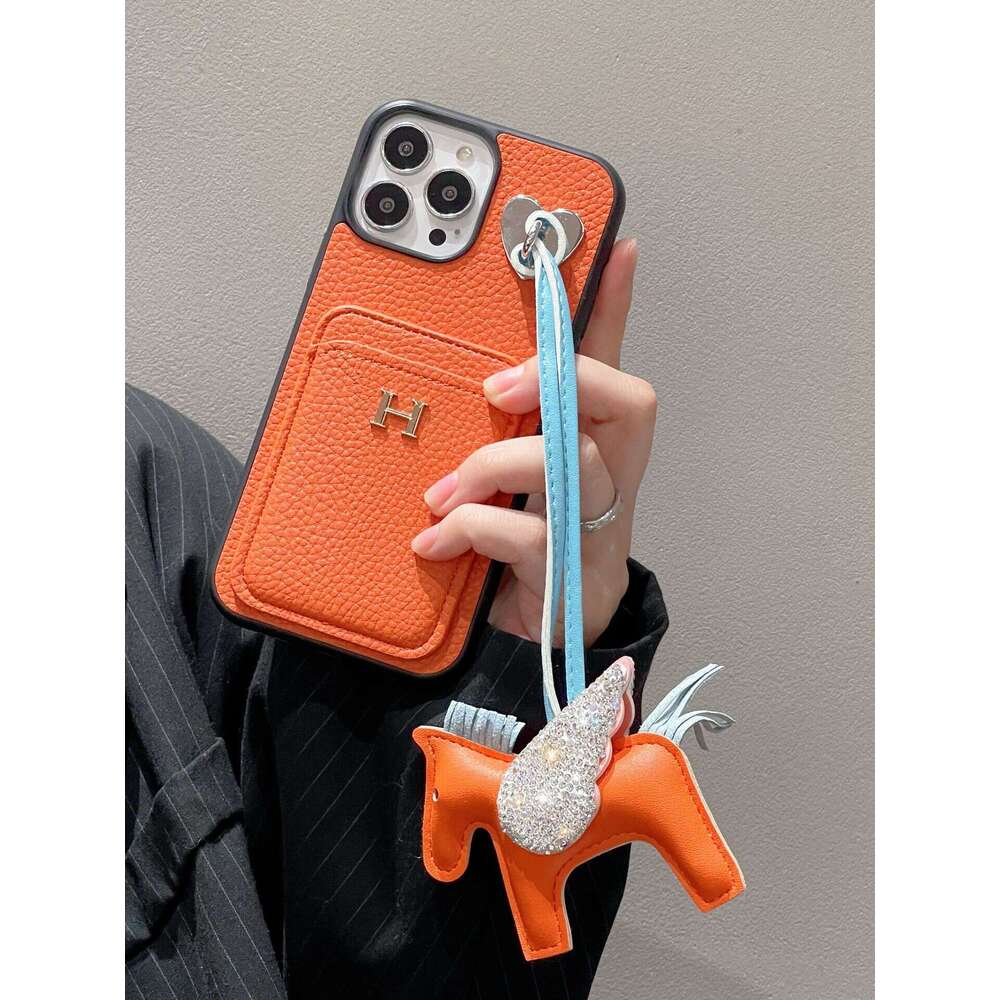 New Apple 17 Compatible with iPhone 13 Lychee Pattern Card Holder Lanyard Pony Phone Case Letter H Trendy