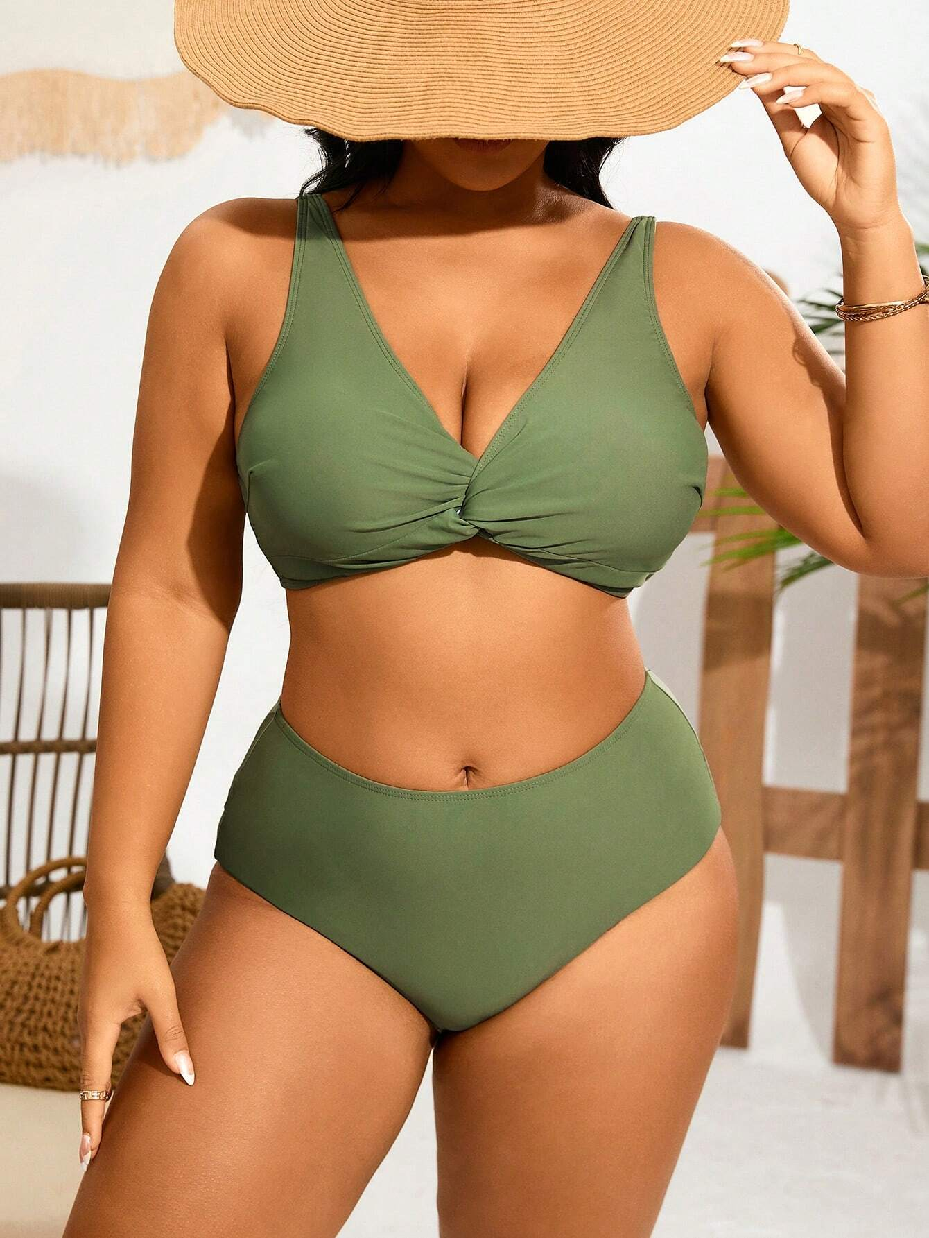 Plus Size Two Piece Swimsuits Women High Waist Bikini Tummy Control Bathing Suits Knot Twist Swimwear