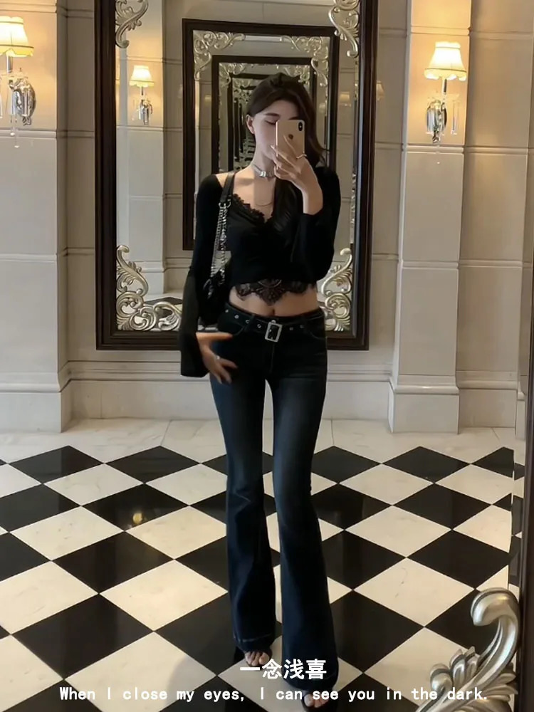 American retro tight jeans autumn ultrathin weight loss low waist pants straight smoke tube bell bottoms fashionable 250407