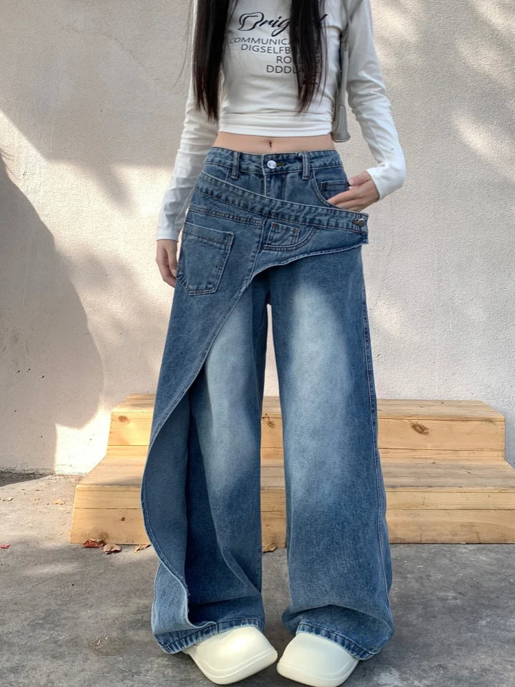 Garbage Y2K 2000S washed blue pocket stacked jeans 90s retro ner clothing wide leg womens Trouser Ropa De Mujer 250414