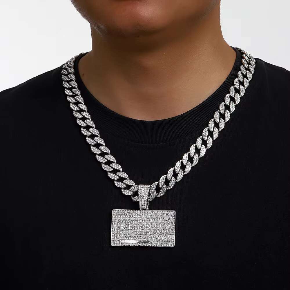 DHcollections Iced Out 15MM Men's Cuban Miami Chain With Alloy And Hip Hop Rhie Square VISA Pendant Necklace