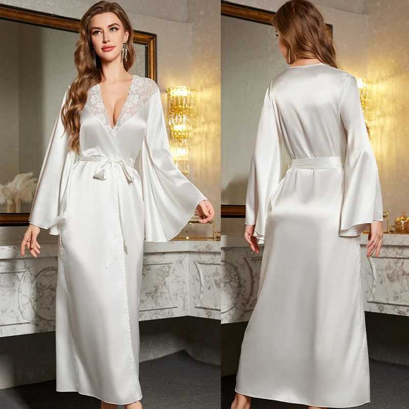 White Lace Bride Wedding Robe Dressing Gown Loungewear Sexy Women Long Bathrobe Elegant Silky Satin Nightdress Homewear C251115