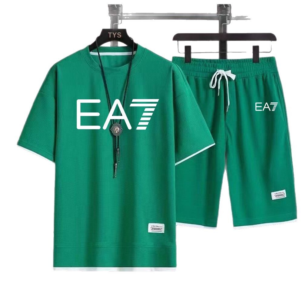 Summer new waffle style mens short sleeved suit mens Korean version youth handsome short sleeved shorts casual two-piece set trendy