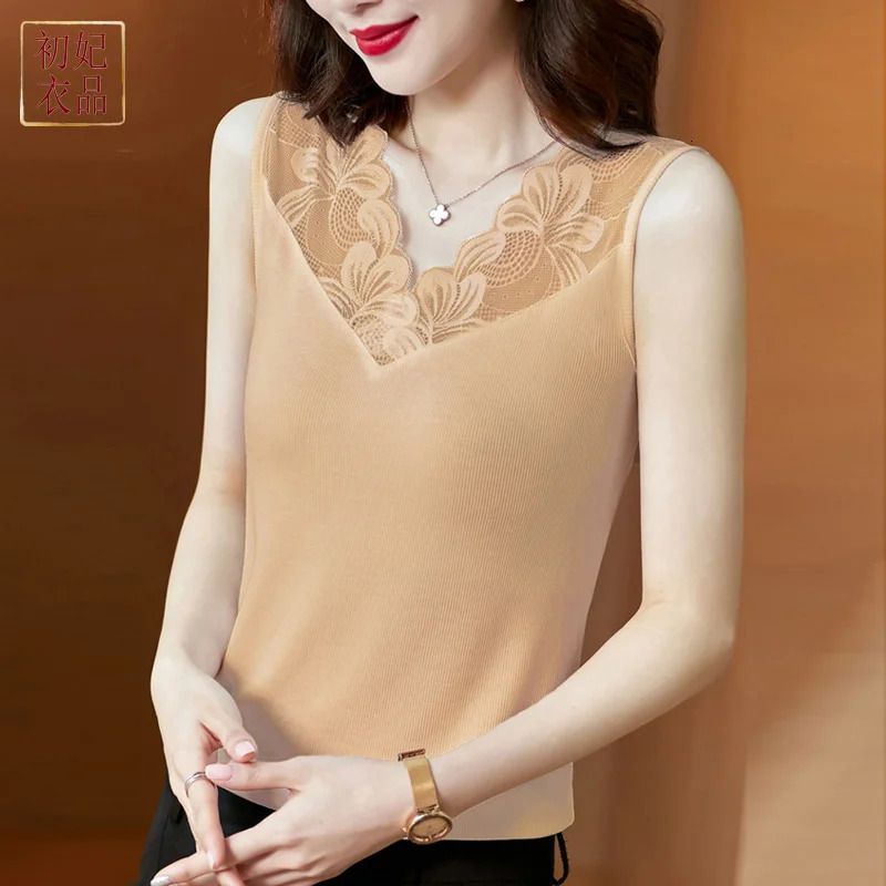 #1202 Black White Grey Khaki Short Tank Top For Women Lace V-neck Skinny Sleeveless T-shirt Female Hollow Out Office Tank Tops 250415