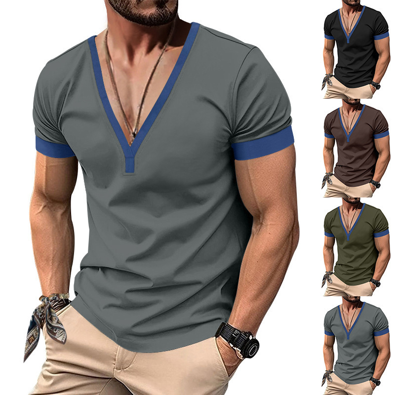 2025 American style spring and summer short sleeved Henry shirt men's V-neck contrasting color top casual slim fit T-shirt