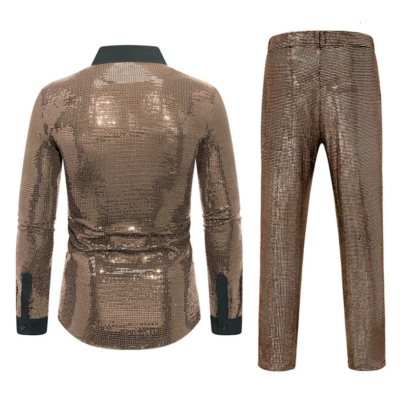Summer Men Sequin Casual Sets Gold Silver Fashion Singer Bar KTV Stage Performance Dress Lapel Shirt and Pants 250409