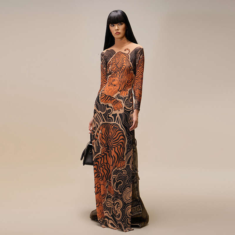 Women's Wear Spring New Women's Personalized Street Fashion Printed Mesh Half Collar High Fork Long Top