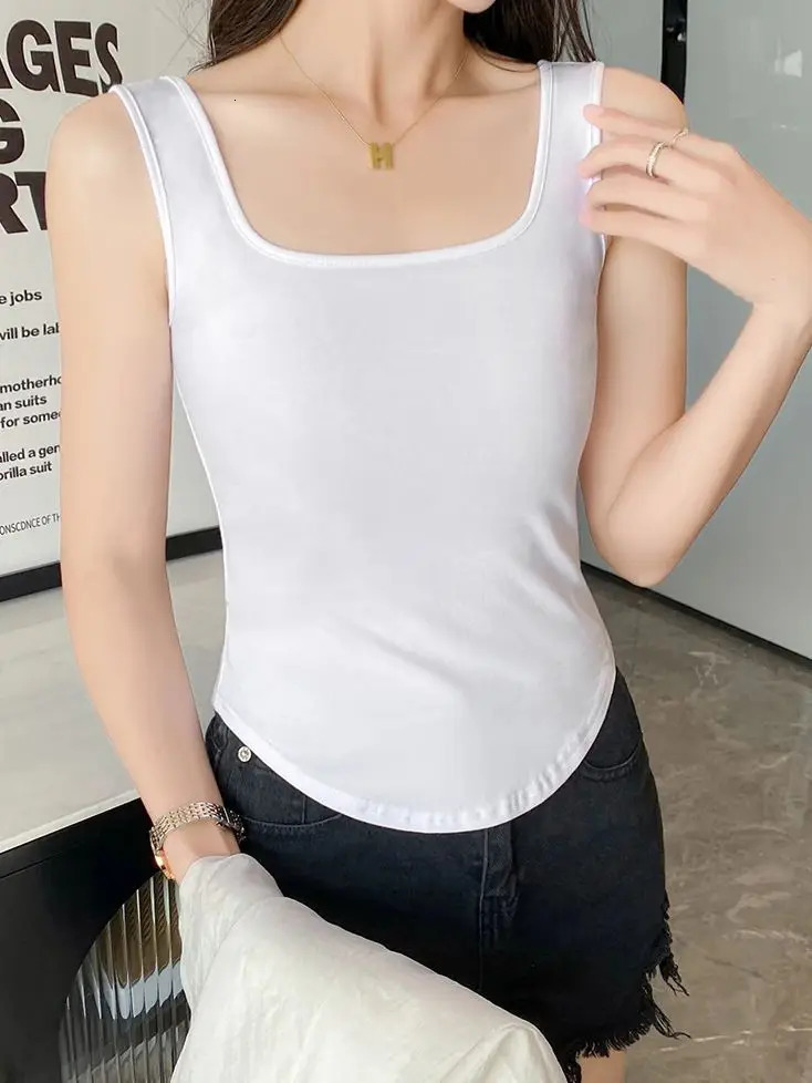 Cotton white square neckline floral Tshirt with curved hem ultrathin soft and breathable vest 250414Z