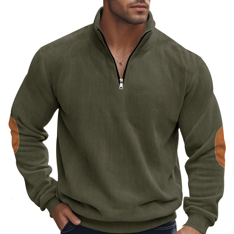 Autumn half zip men's long sleeved sweatshirt, corduroy stand collar loose pullover jacket for men