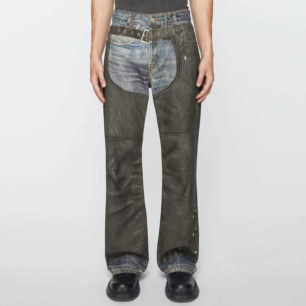 High purity Pu leather patch work bag jeans mens and womens side buttons Striaght casual loose denim oversized X250415