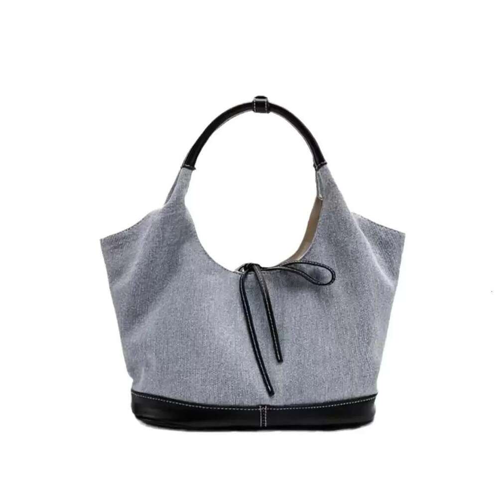 Bow Denim Canvas Panels One Shoulder Armpit Tote Lazy Style Casual Large Capacity Bag Women