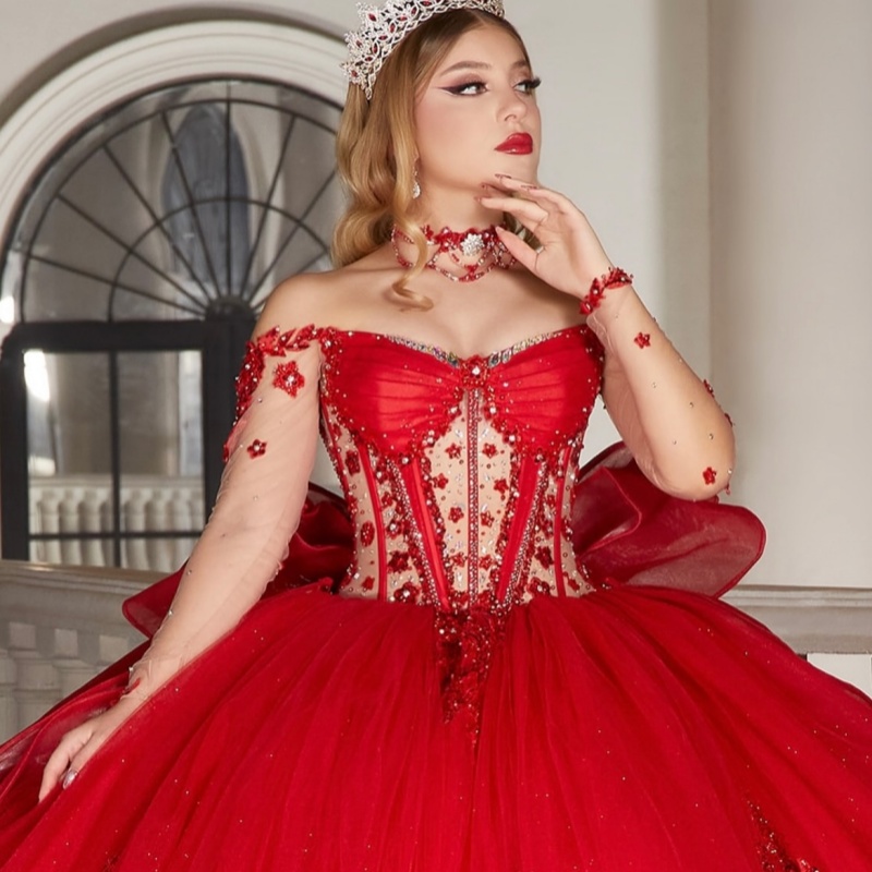 Red Quinceanera Dresses Off Shoulder Ball Gown Sweet 16 Dress Sequin Applique Lace Bow Beads Tull Birthday Party Vestidos 15 Anos
