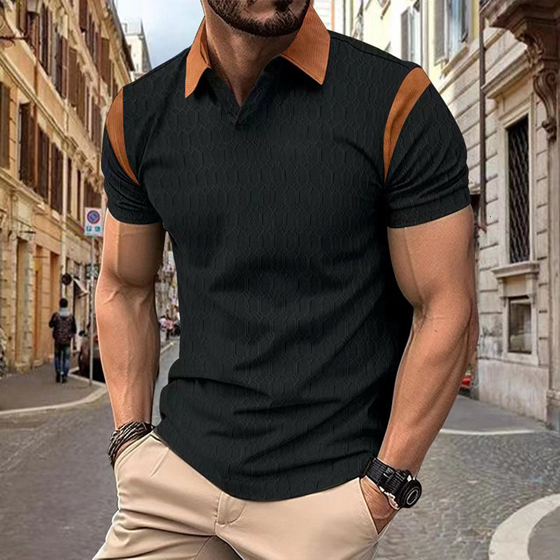 2025 summer new slim fit polo waffle jacquard color blocked lapel men's short sleeved shirt