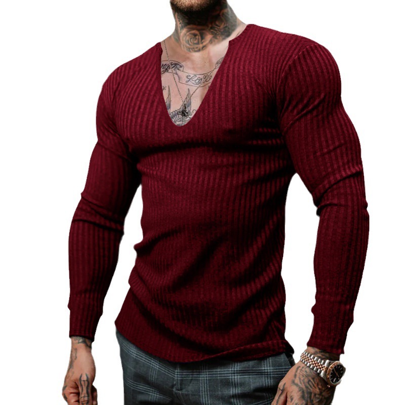 2025 Knitted Shirt Thin V-neck Personalized Trendy Versatile Men's Long Sleeve T-shirt