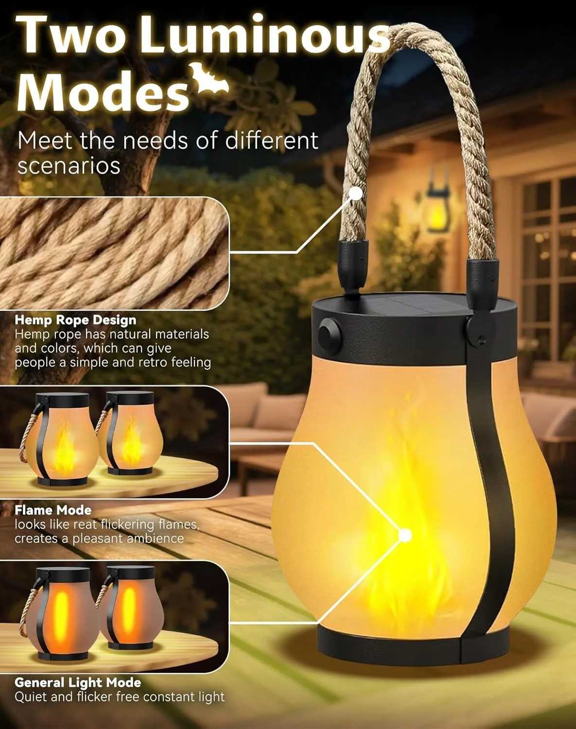 Solar Lantern Outdoor Light Waterproof Dancing Flame Solar Christmas Lights Hemp Rope Hanging Flame Lamp for Garden Yard Decor M251115