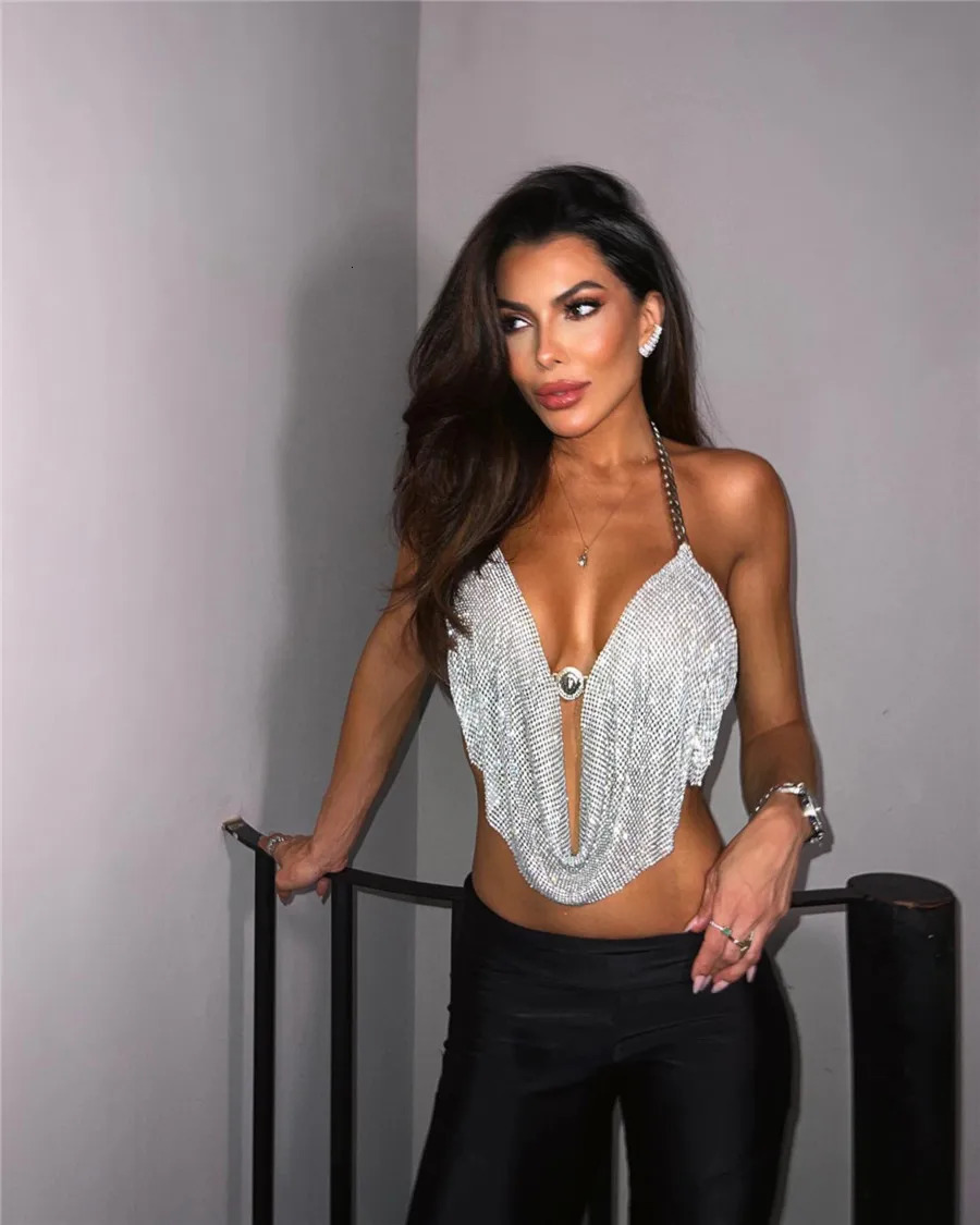 gemstone n womens tank top summer backless deep Vneck pendant neck crop 2024 vocal concert night girl costume 250414