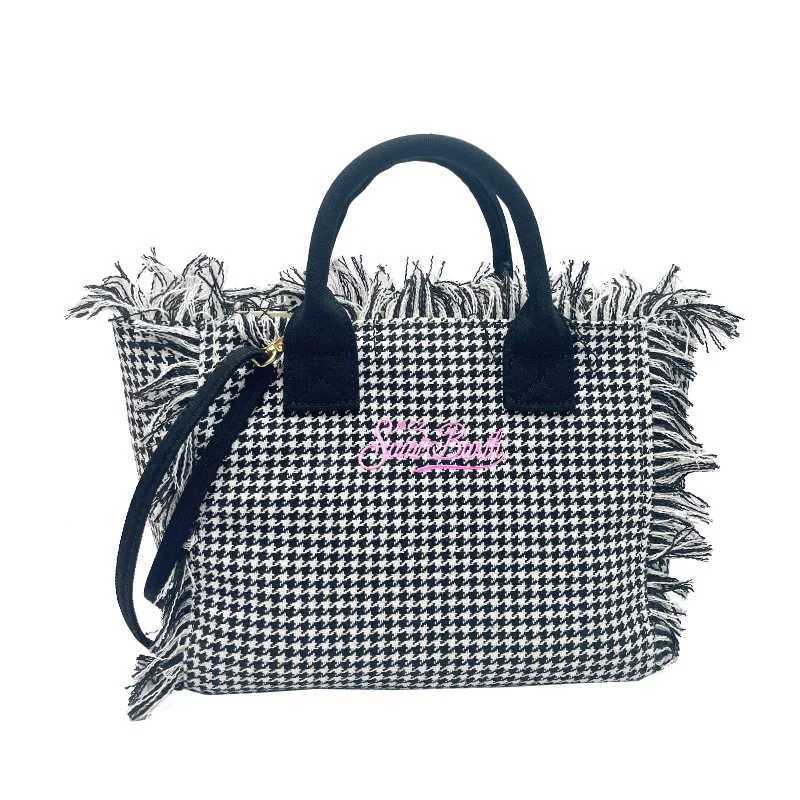 Saint Barth New Crossbody bagThousand Bird grid small size womens bagcotton and linen handmade tassel handbagtote bag W250415