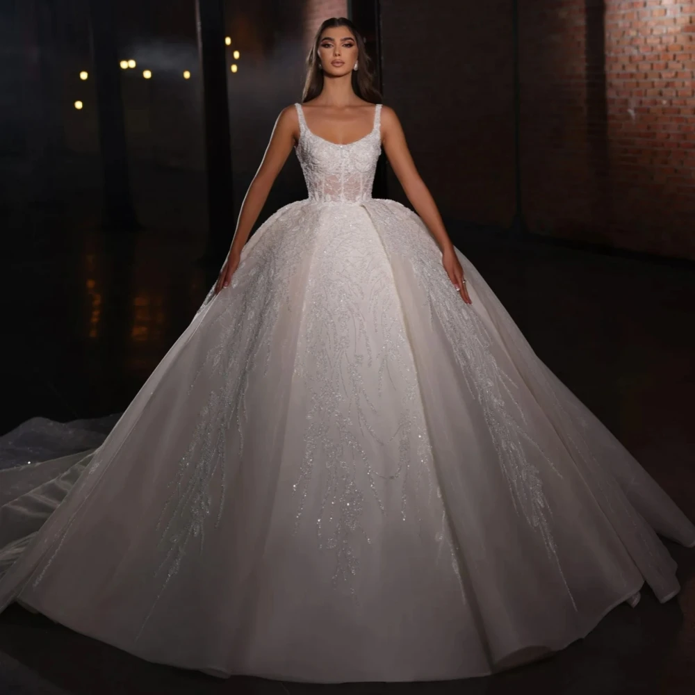 Classic Ball Gown Wedding Dress Jewel Neck Sleeveless Bridal Gowns Sequins Appliques Sweep Train Dresses Custom Made vestidos de novia