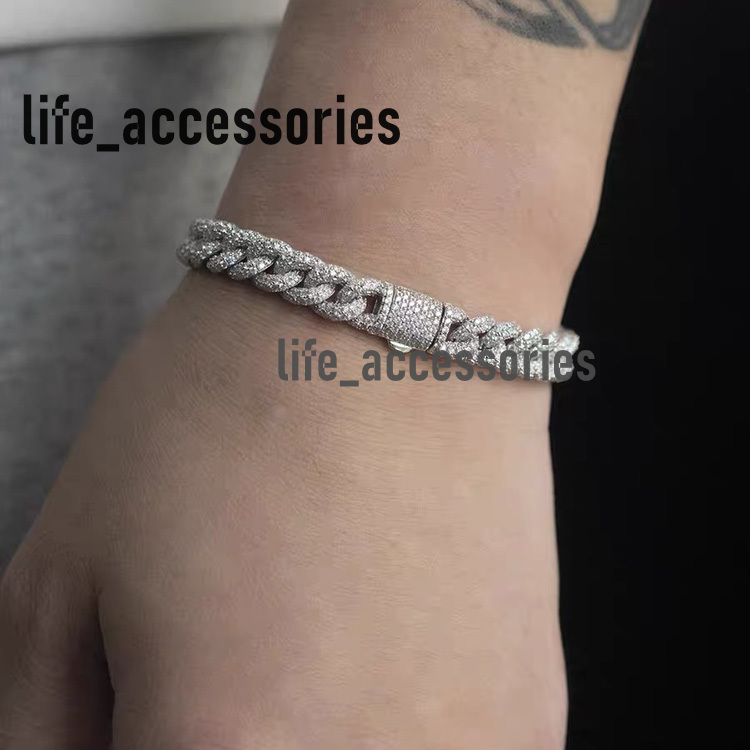 Hip Hop Iced Out 925 Sterling Silver 9mm Wide Paved Moissanite Diamond Cuban Link Chain Bracelet for Men Woman