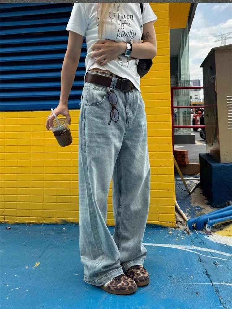 Womens washed retro light blue neutral denim Trouser summer cool pants retro bottom womens high waist wide leg jeans 250415