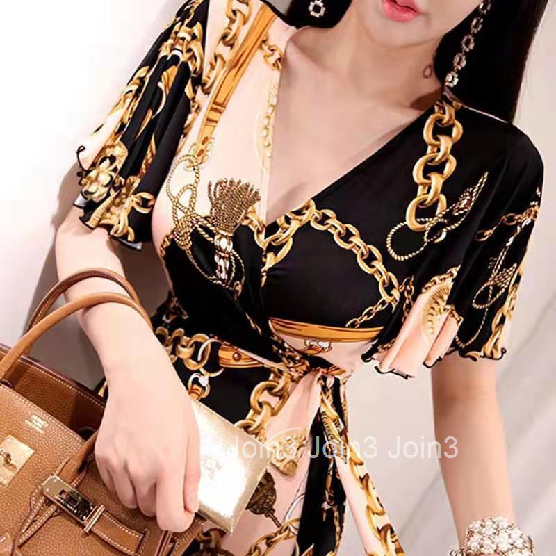 2025 Spring/summer New Womens Printed Dress Style V-neck Gold Chain Strap Waist Long Dress