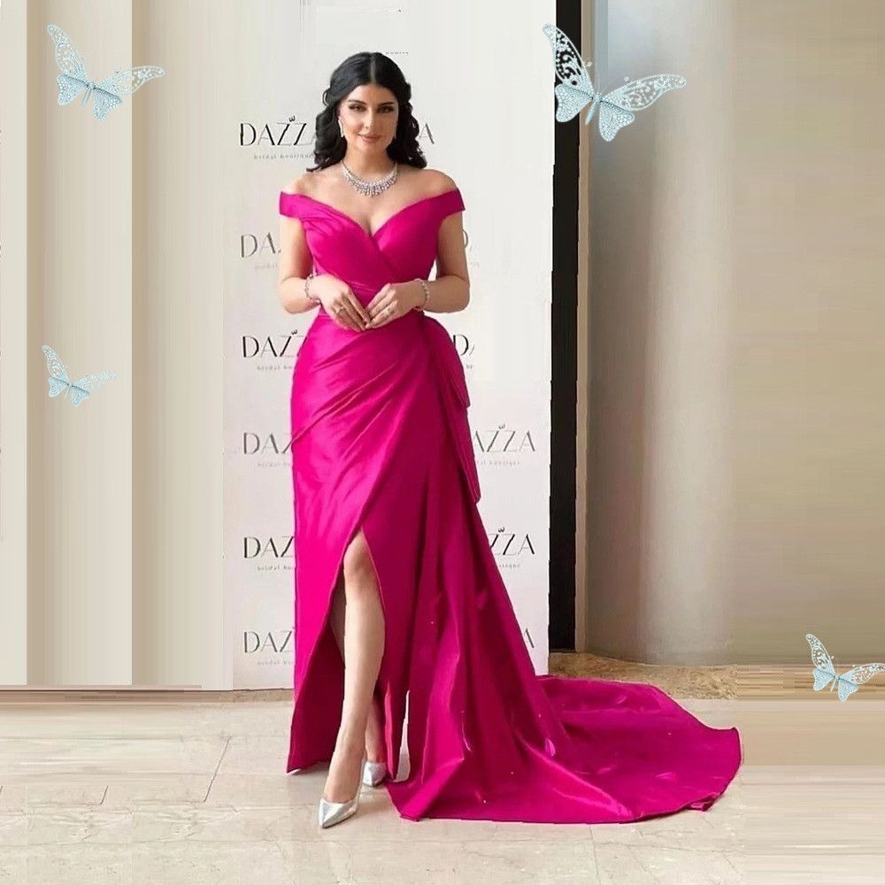 Fuchsia Off The Shoulder Prom Dresses Mermaid Sleeves Illusion Bodice Boho Glitter Sparkle Appliques Beach Bridal Dress Vestido De Novia Custom Made 0