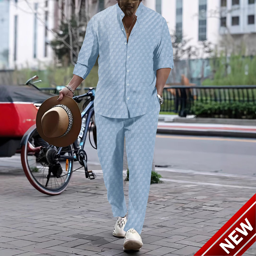 Spring and Autumn Mens Checkered Henli Collar Shirt Pants Trendy Casual Sports Set
