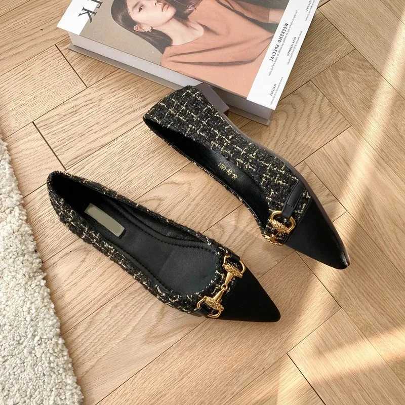 Designer Spring and Autumn New Pointed Toe Single Shoes Shallow Mouth Slip-on Flats Metal Decoration Low-heeled Wens Shoes Y251115