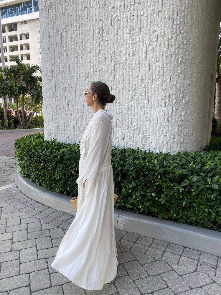 Elegant white loose Guaze long dress womens casual V-neck Flare full sleeve long dress womens street office dress 250415