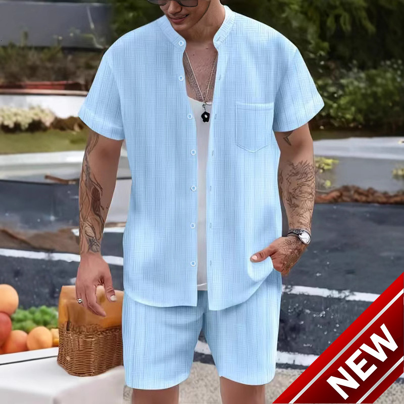 2025 Summer Mens Shirt Casual Henley Collar Pocket Short Sleeve Shorts Beach Set