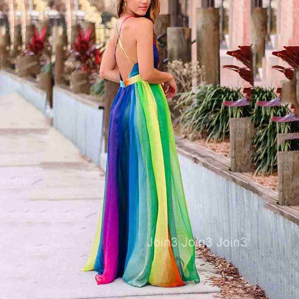 2025 Spring/summer New Womens New Strap Sexy Deep v Rainbow Chiffon Strap Dress
