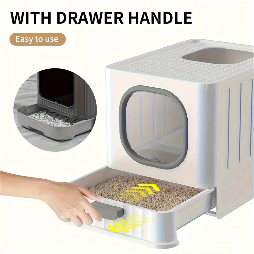Leak-proof Enclosed Cat Litter Box Pull Drawer Kitten Training Toilet with Scoop and Lid Anti-Splashing 250414