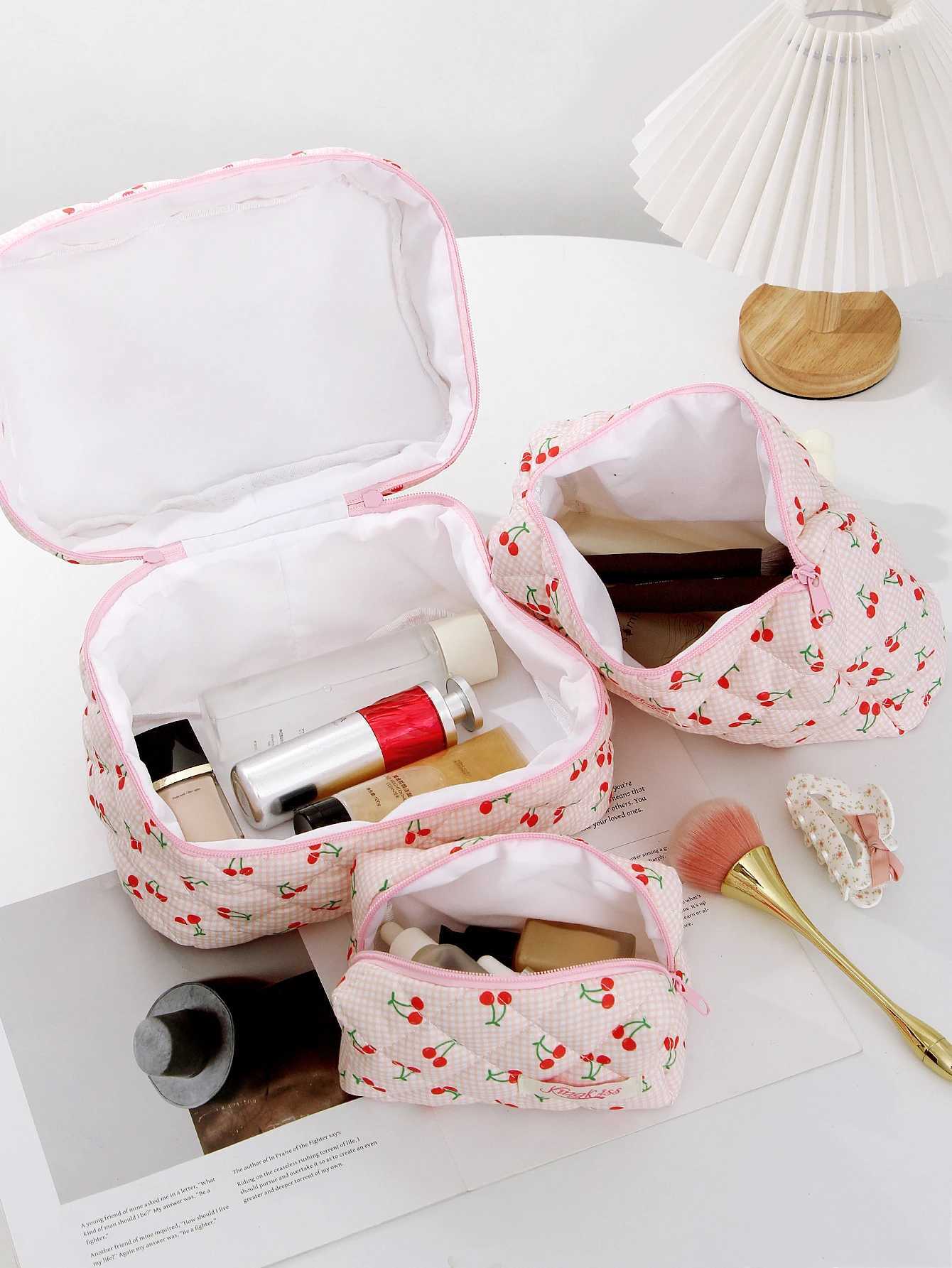 1 piece/set plain weave and cherry print quilted makeup bag large capacity makeup bag multifunctional makeup bagXJ250415