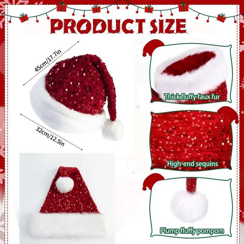 Shiny Sequined Christmas Hat New Year Red Santa Claus Caps Plush Fluffy Pompom Xmas Halloween Cosplay Party Snowman Beanie Cap Y251115
