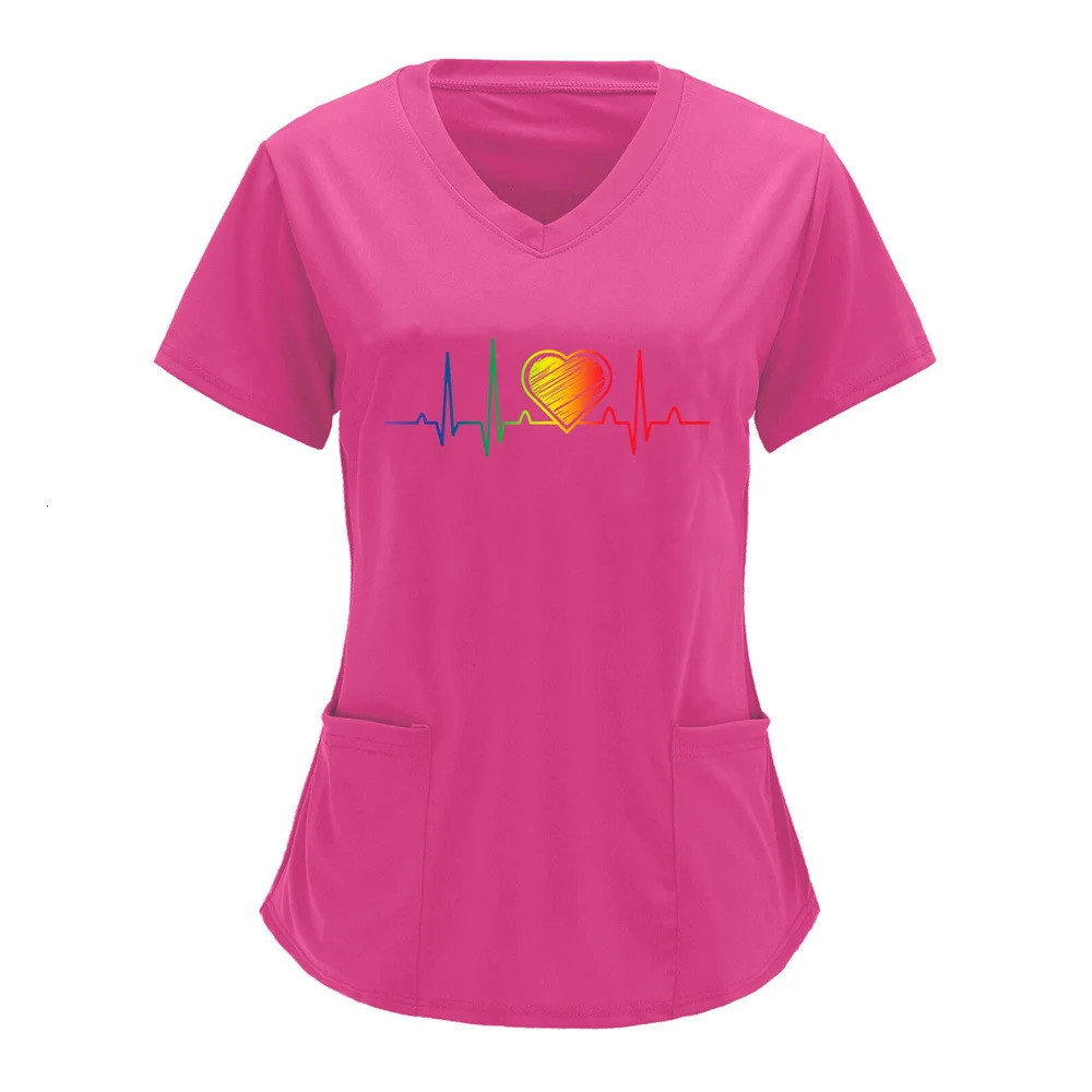 Women T-shirt Working Uniform Print Pocket Pet Grooming Nurse Uniform Clothing Hospital Solid Short Sleeve Spa V-Neck Scrub Tops 250415