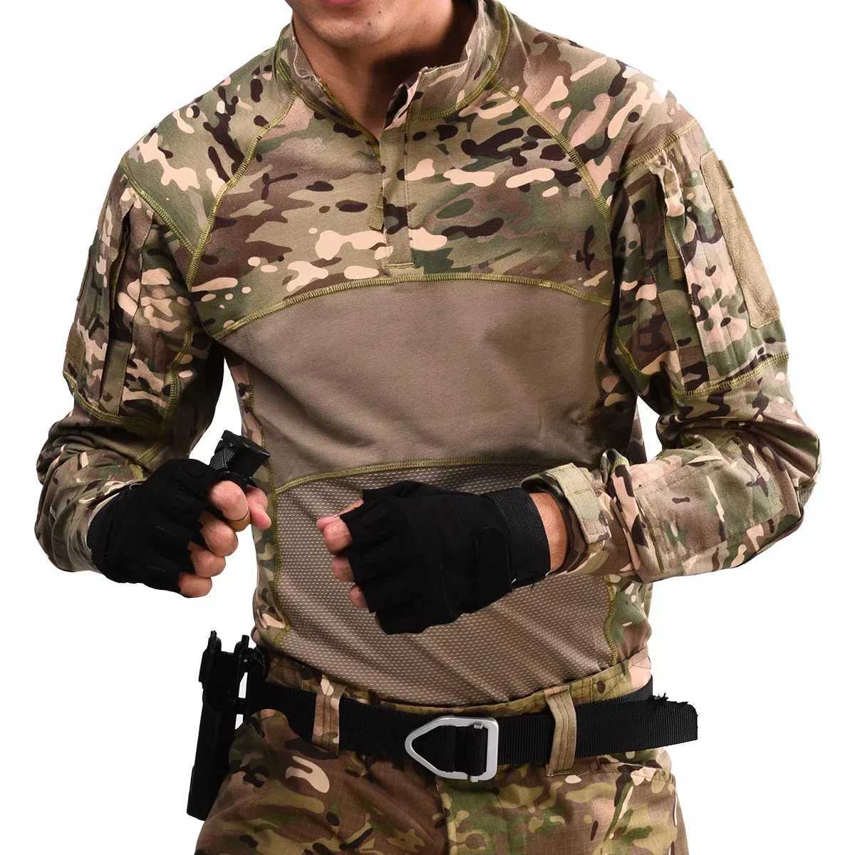Outdoor tactical shirt mens long seven top combat shirt camouflage 1/4 zipper tear resistant elastic hiking T-shirt hunting suit W250415