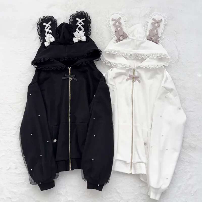 Bunny Hoodies Y2k Rabbit Ear Hoodie Lolita Jacket Bow Girls Pearl JK Japan Lace Kawaii Zipper Cardigan Long Sleeved Top